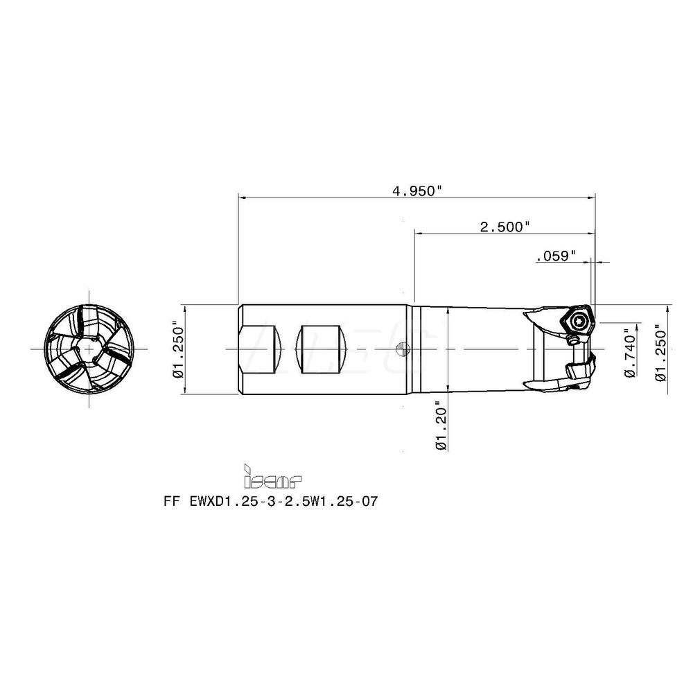 Iscar Indexable High-Feed End Mill: FF-EWXD1.25-3-2.5W1.25, 1-1/4" Cut Dia, 1-1/4" Shank Dia, Weldon Flat Shank - 3106832
