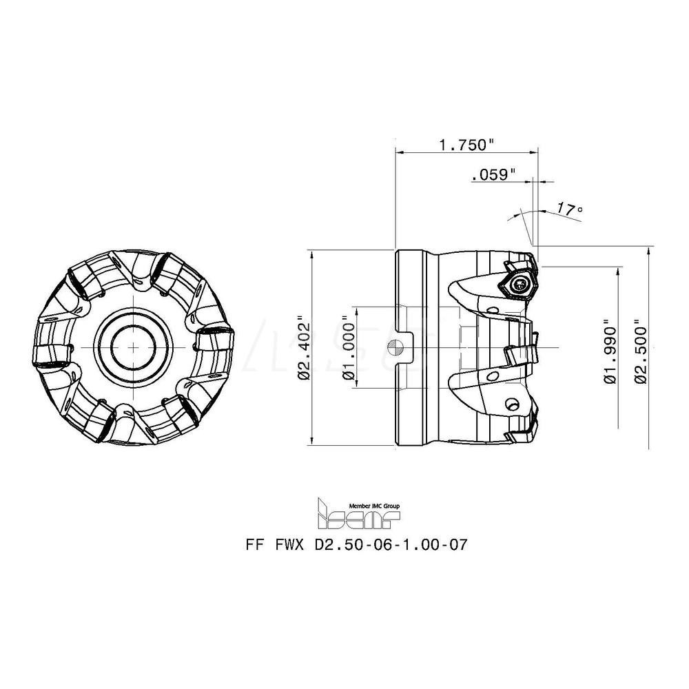 Iscar Indexable High-Feed Face Mill: 1.99 to 2.5" Cut Dia, 1" Arbor Hole - 3106845