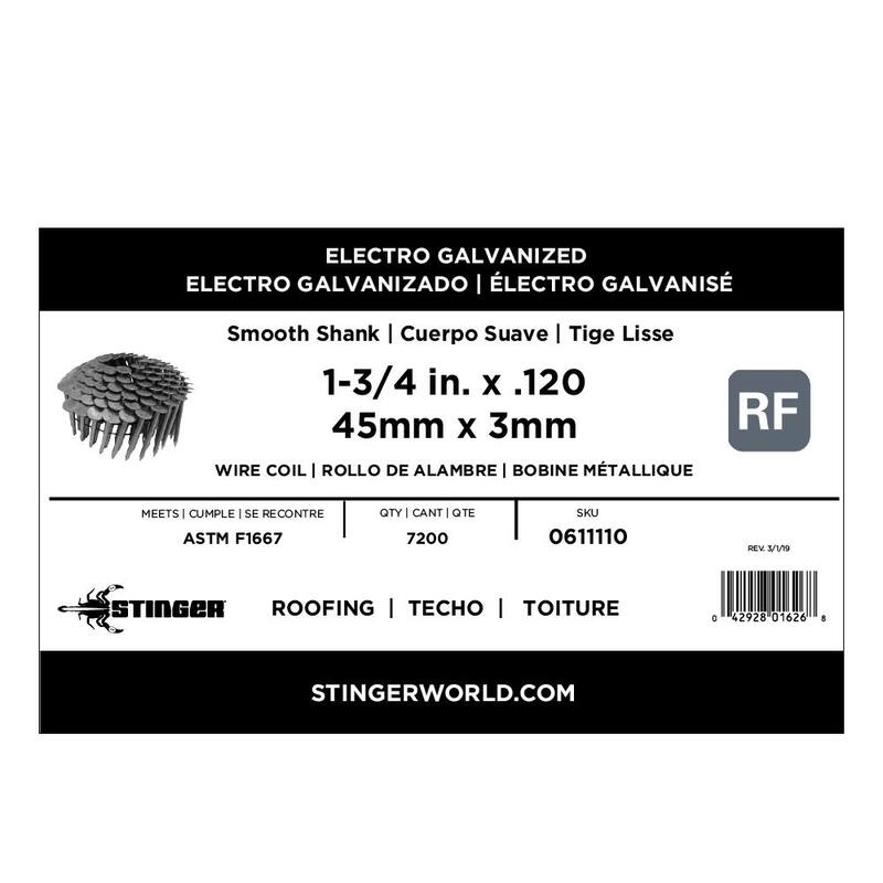 Stinger 1-3/4 in. x 0.120-Gauge Electro Galvanized Smooth Shank Wire Coil Roofing Nails (7200 per Box) - 0611110