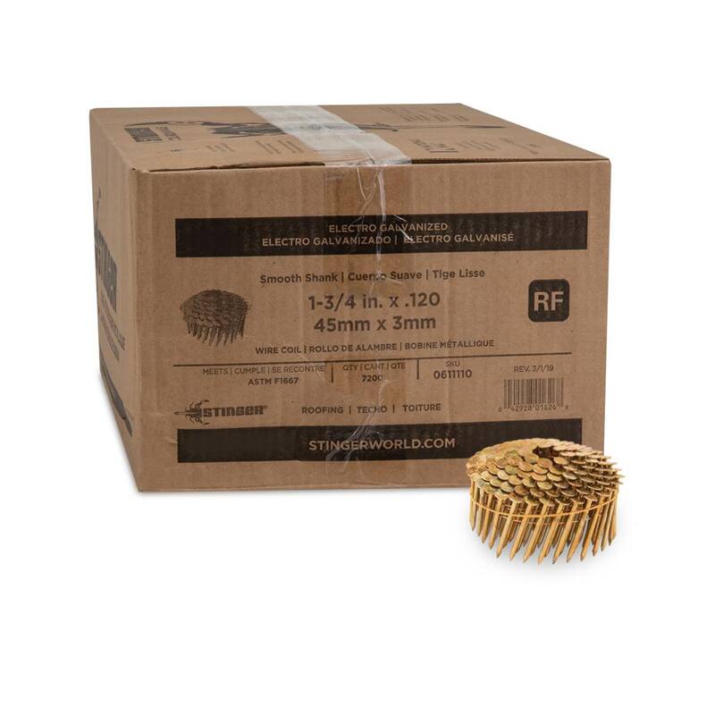Stinger 1-3/4 in. x 0.120-Gauge Electro Galvanized Smooth Shank Wire Coil Roofing Nails (7200 per Box) - 0611110