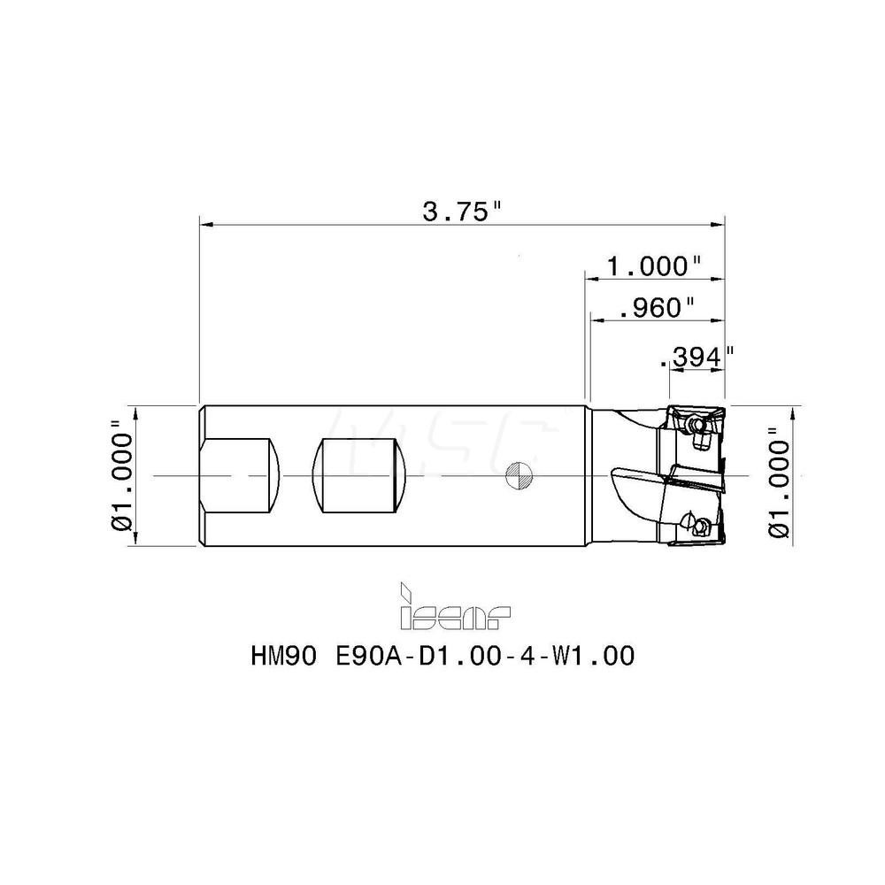 Iscar Indexable Square-Shoulder End Mill: HM90 E90A-D1.00-4-W1.0, 1" Cut Dia, 0.394" Max Depth of Cut, 1" Dia Weldon Flat Shank - 3101934