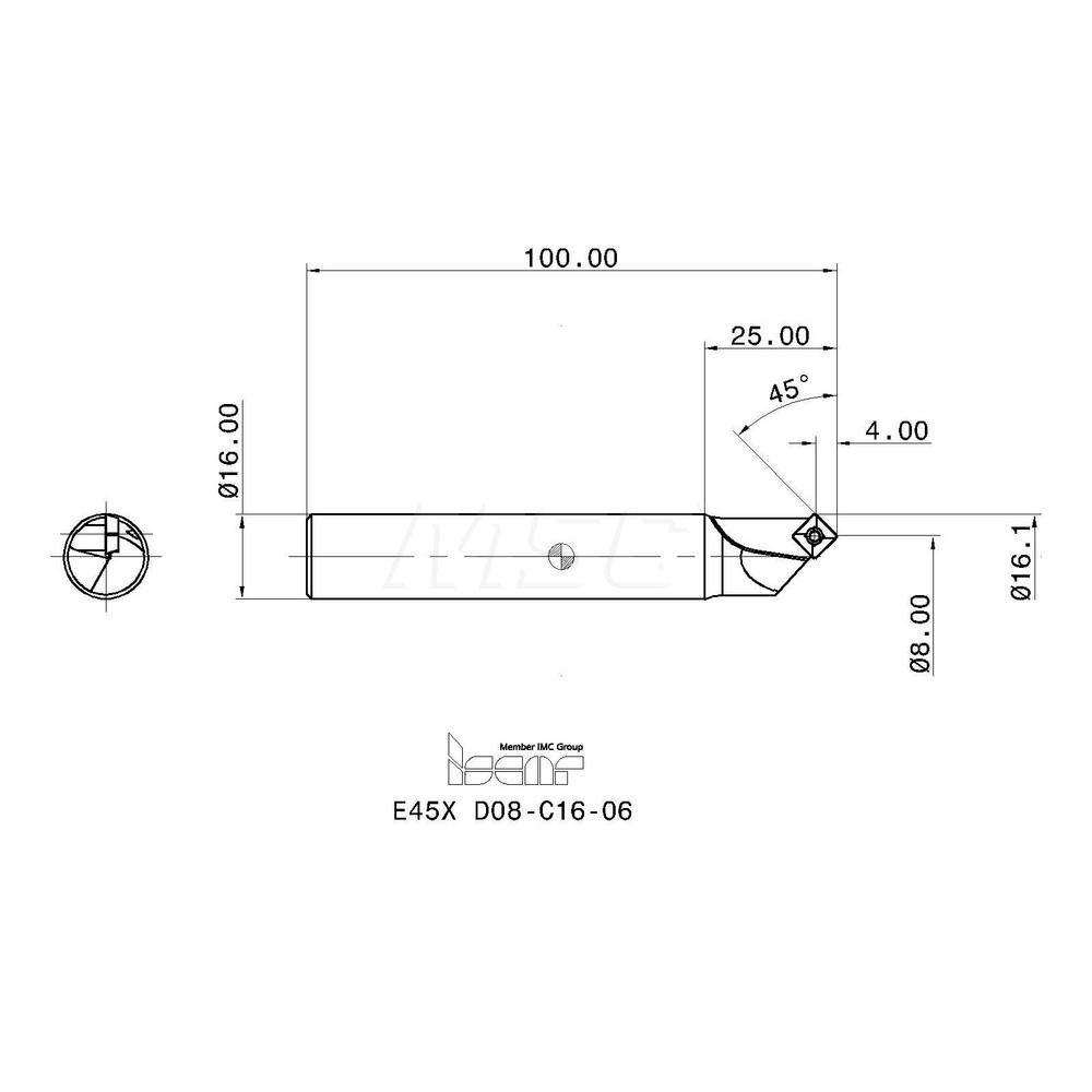 Iscar 45° Lead Angle, 8mm to 16.1mm Cut Dia, 16mm Shank Dia, Indexable & Chamfer End Mill - 3110506