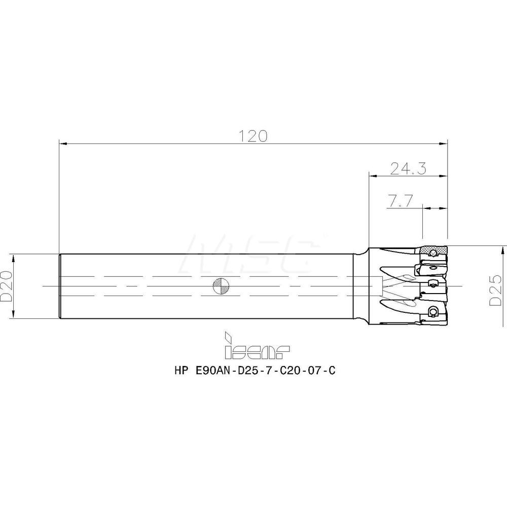 Iscar Indexable Square-Shoulder End Mill: HPE90AND257C2007C, 25 mm Cut Dia, 7.7 mm Max Depth of Cut, 20 mm Dia Cylindrical Shank - 3103375