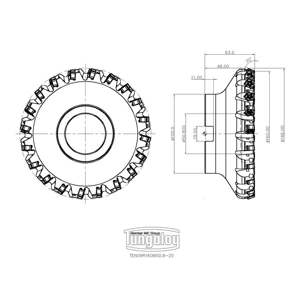 Tungaloy 160mm Cut Dia, 2" Arbor Hole Dia, Indexable Square-Shoulder Face Mill - 6860138