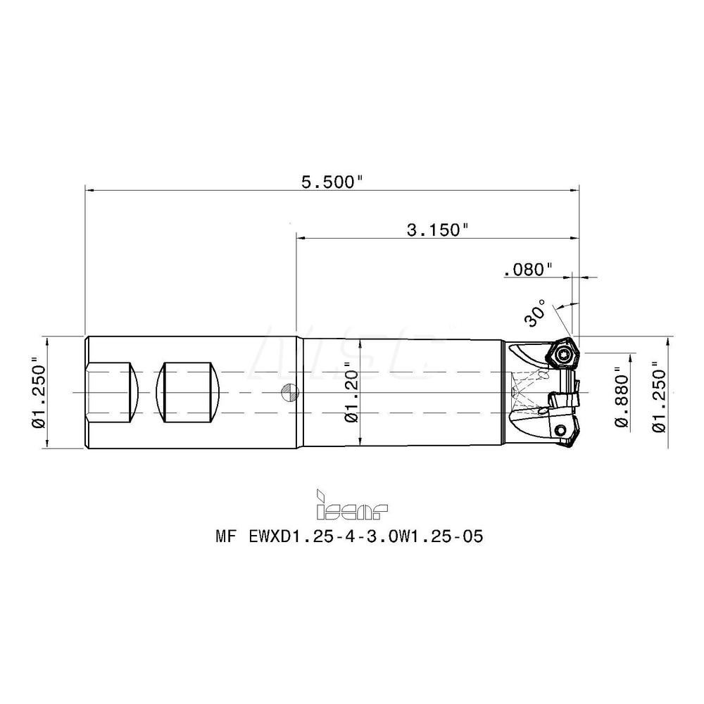Iscar 30° Lead Angle, 0.88" to 1-1/4" Cut Dia, 1-1/4" Shank Dia, Indexable & Chamfer End Mill - 3106347