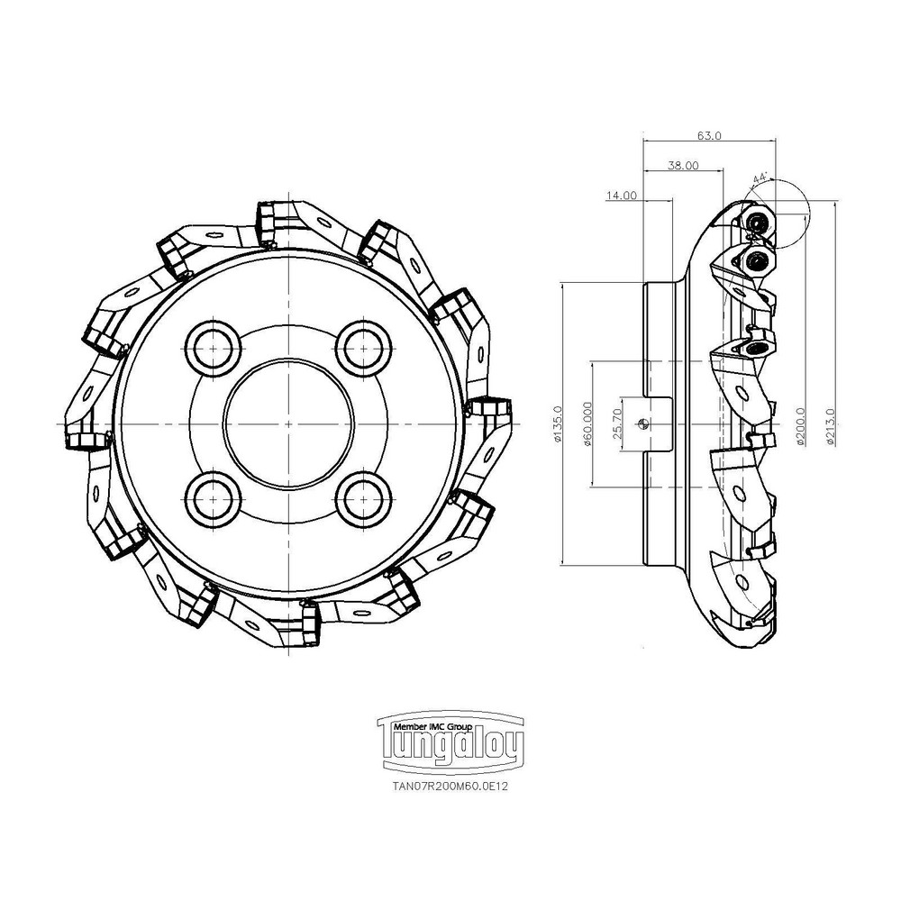 Tungaloy 200mm Cut Dia, 60mm Arbor Hole Dia, Indexable Square-Shoulder Face Mill - 6861842