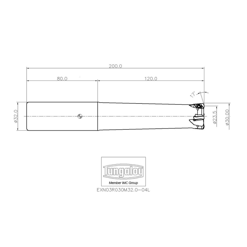 Tungaloy Indexable High-Feed End Mill: EXN03R030M32.0-04L, Cylindrical Shank - 6862530