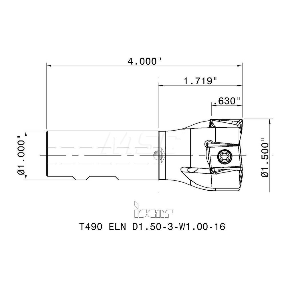Iscar Indexable Square-Shoulder End Mill: T490ELND1.503W1.0016, 1-1/2" Cut Dia, 0.63" Max Depth of Cut, 1" Dia Weldon Flat Shank - 3105483
