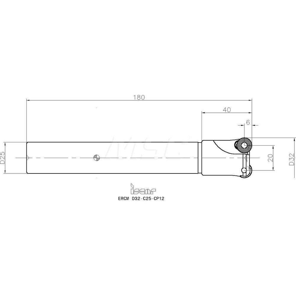Iscar Indexable Square-Shoulder End Mill: ERCM D32-C25-CP12, 32 mm Cut Dia, 6 mm Max Depth of Cut, 25 mm Dia Cylindrical Shank - 3101343