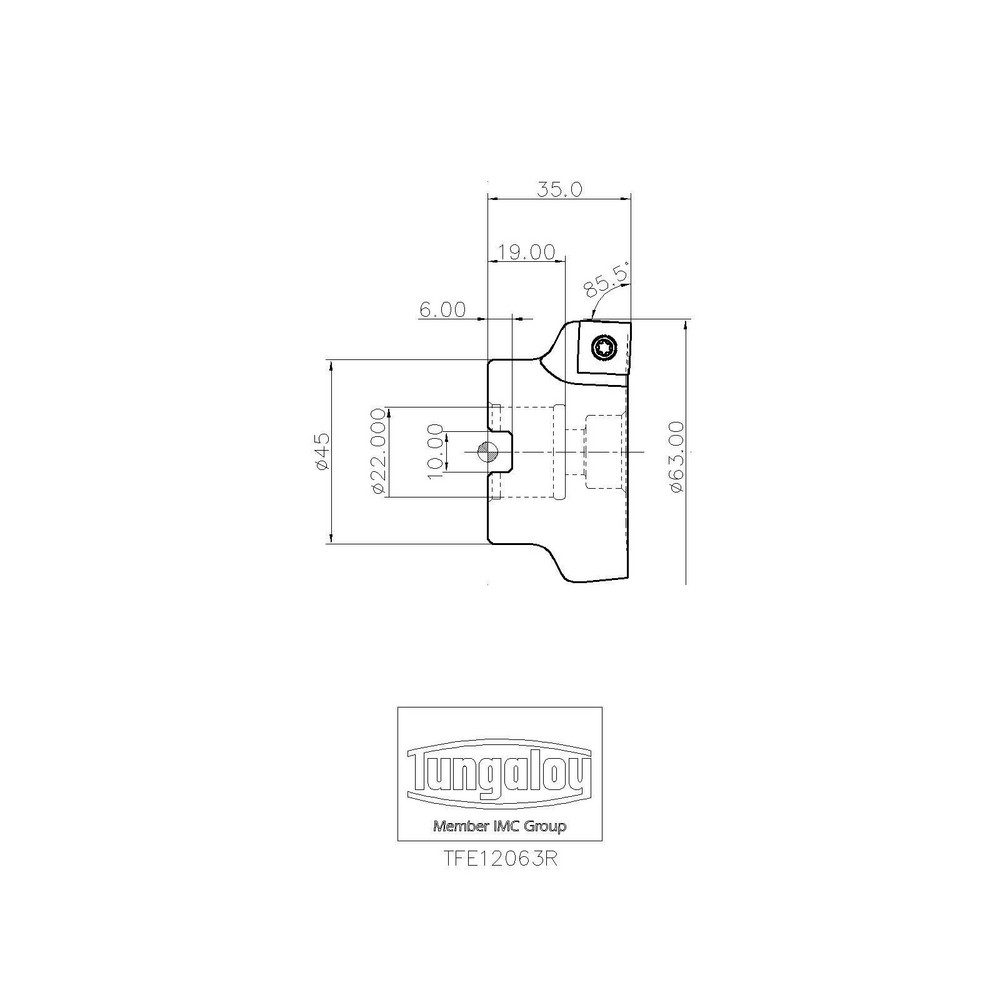 Tungaloy 63mm Cut Dia, 22mm Arbor Hole Dia, 8mm Max Depth, Indexable Square-Shoulder Face Mill - 6822434