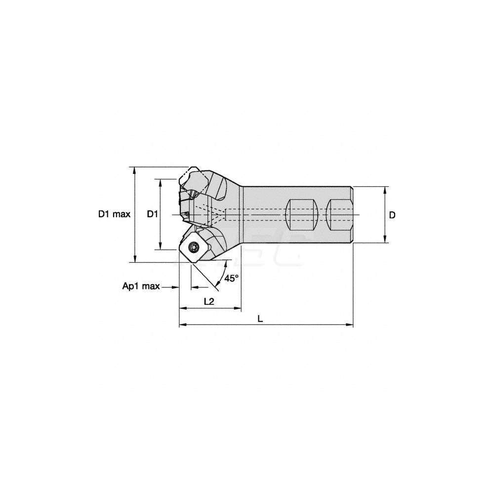 Kennametal 45° Lead Angle, 1.26" to 1.812" Cut Dia, 1-1/4" Shank Dia, Indexable & Chamfer End Mill - 1817940
