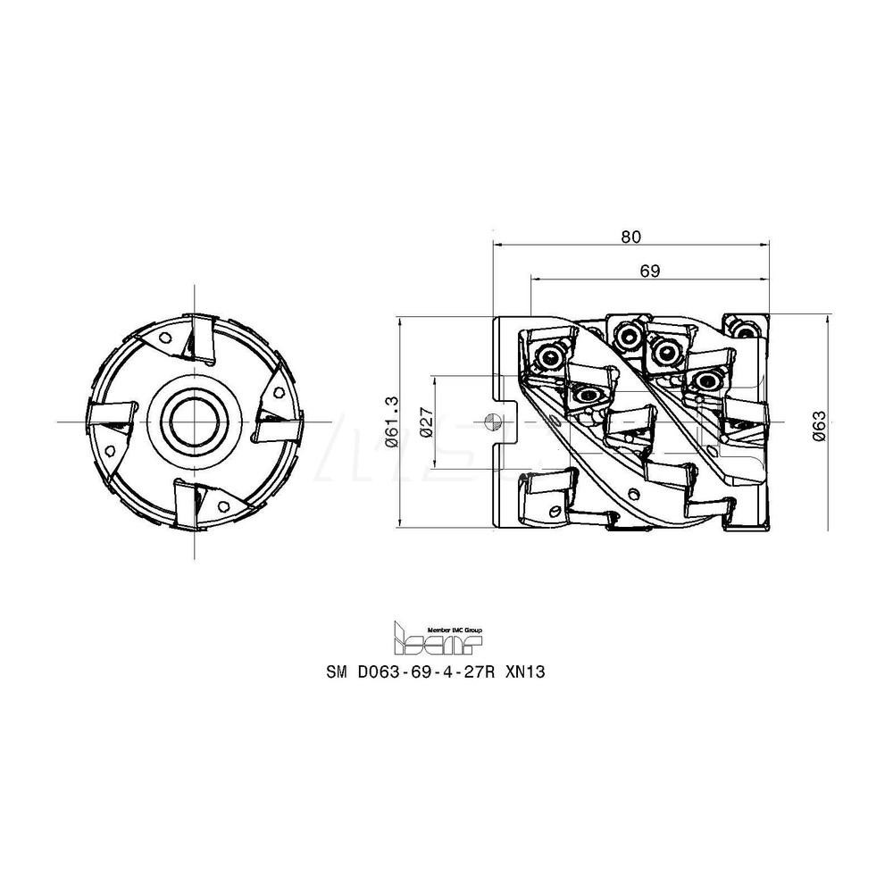 Iscar 63mm Cut Dia, 27mm Arbor Hole Dia, 69mm Max Depth, Indexable Square-Shoulder Face Mill - 3106220