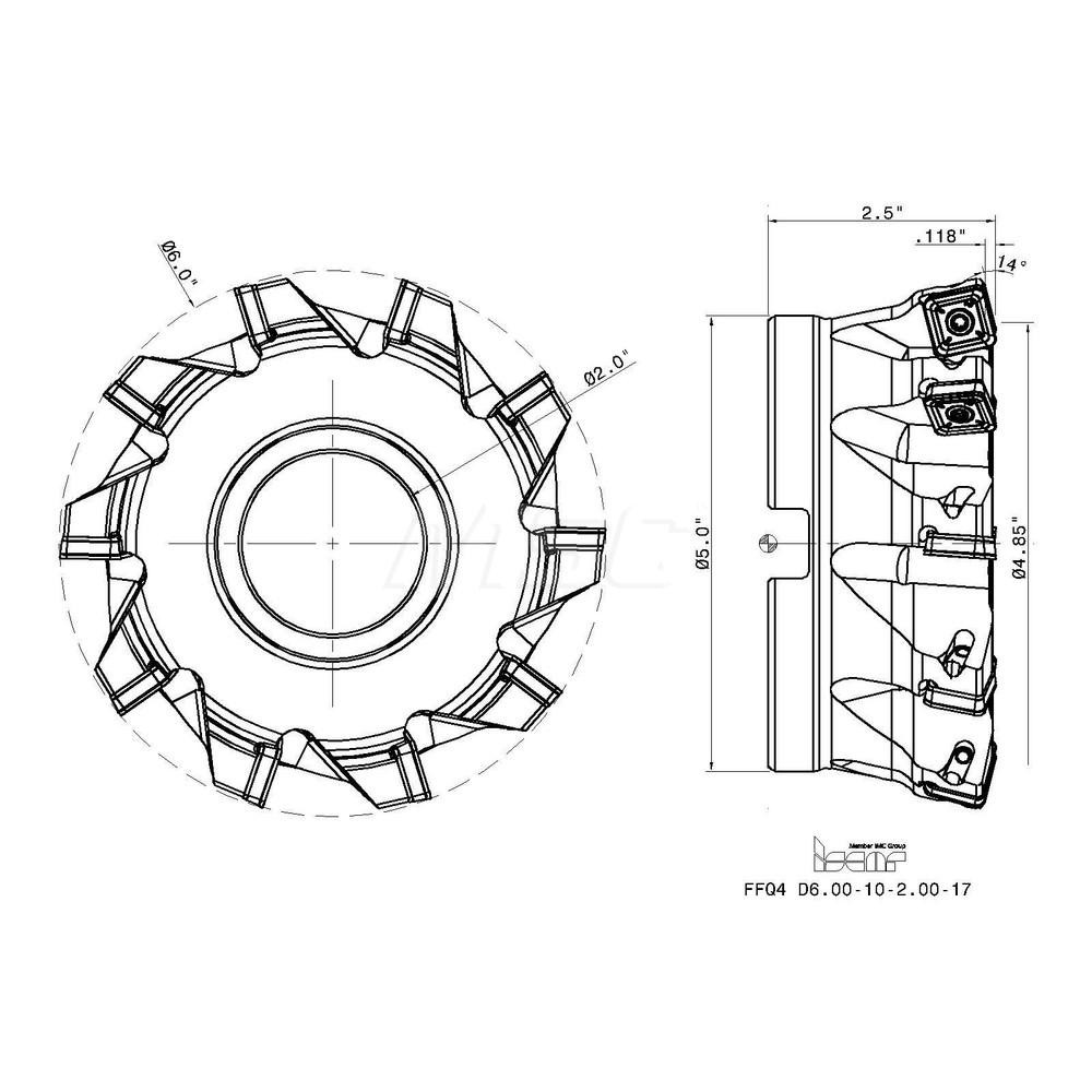 Iscar Indexable High-Feed Face Mill: 4.85 to 6" Cut Dia, 2" Arbor Hole - 3323491