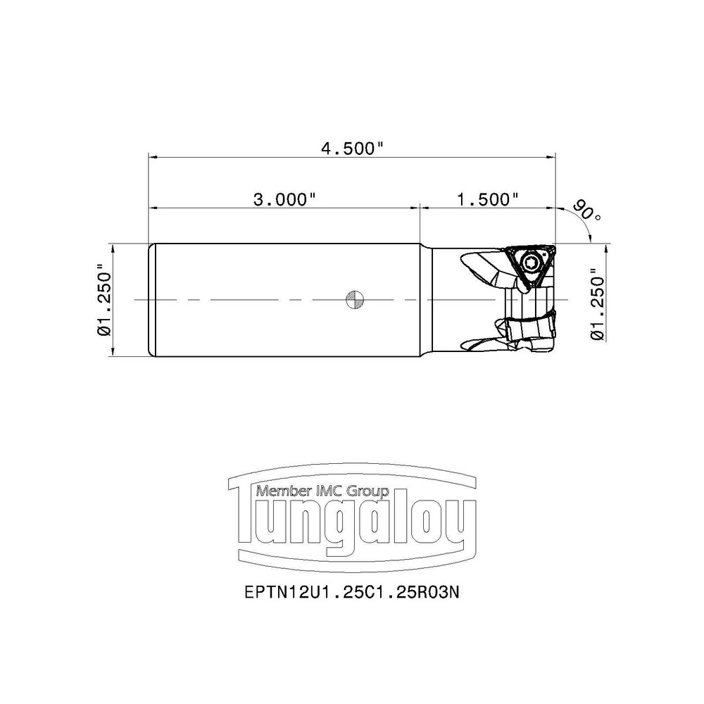 Tungaloy Indexable Square-Shoulder End Mill: EPTN12U1.25C1.25R03N, 1-1/4" Cut Dia, 0.433" Max Depth of Cut, 1-1/4" Dia Straight Shank - 6730276