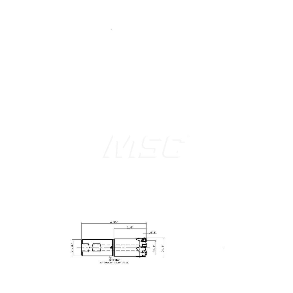 Iscar Indexable High-Feed End Mill: FFEWXD1.5052.5W1.2505, 1-1/2" Cut Dia, 1-1/4" Shank Dia, Weldon Flat Shank - 3105553