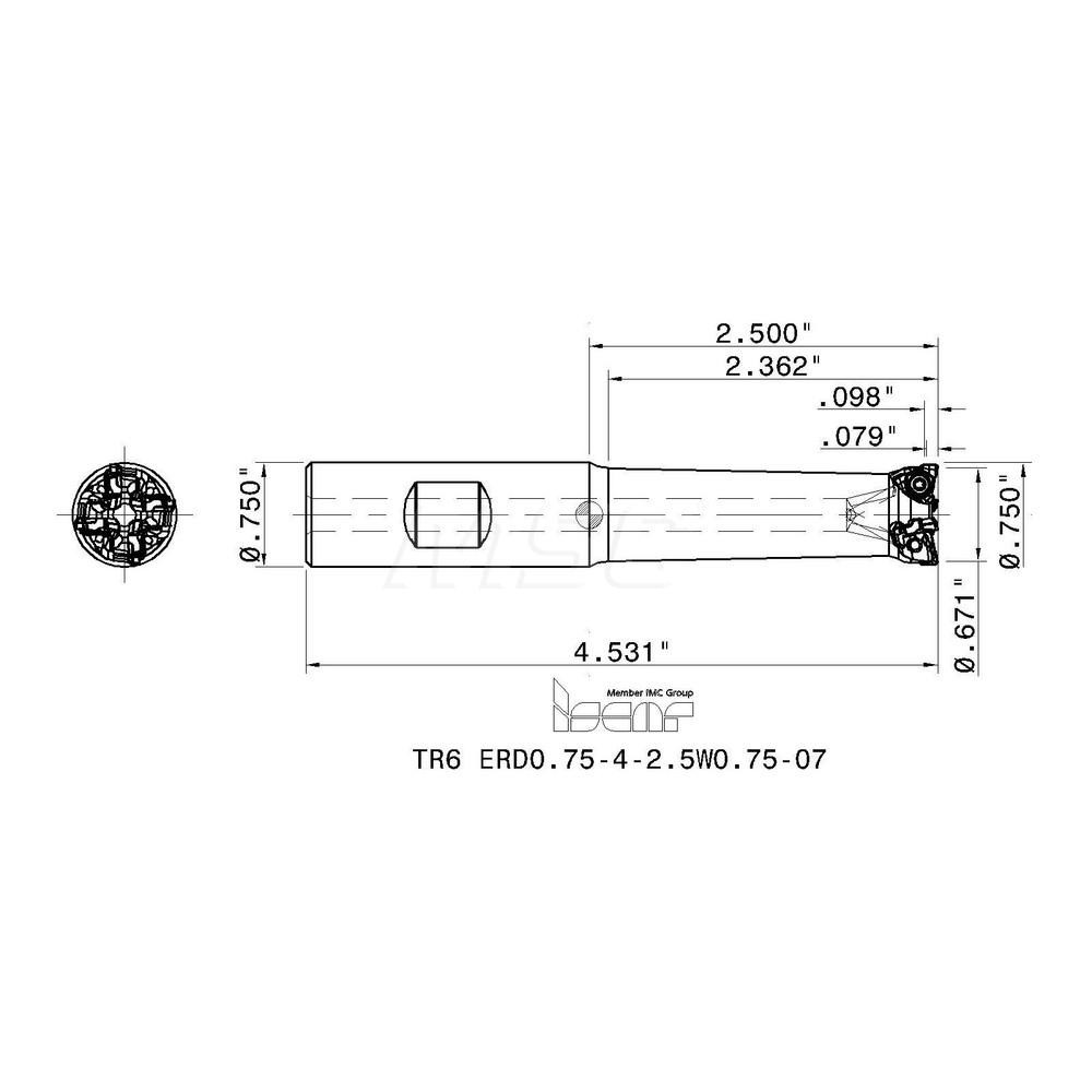 Iscar Indexable Copy End Mill: 0.671 to 3/4" Cut Dia, 0.039" Max Depth of Cut, Through Coolant - 3344286