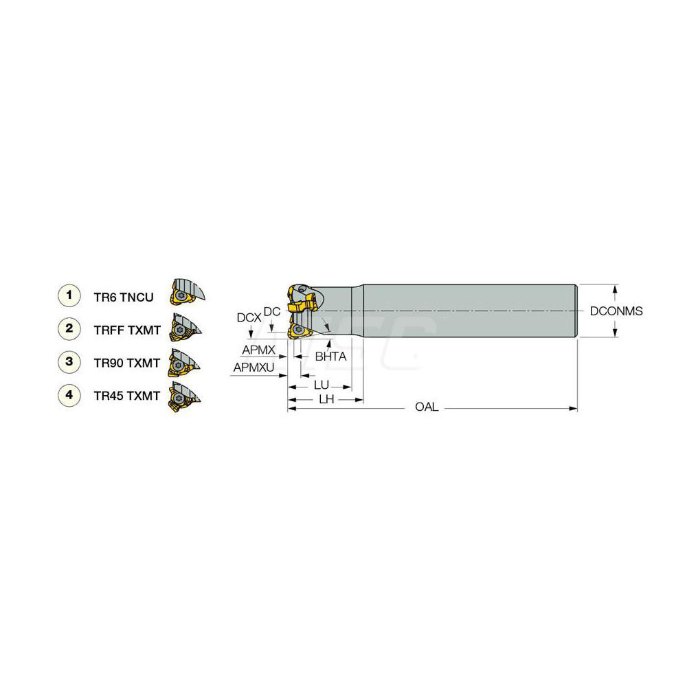 Iscar Indexable Copy End Mill: 0.671 to 3/4" Cut Dia, 0.039" Max Depth of Cut, Through Coolant - 3344286
