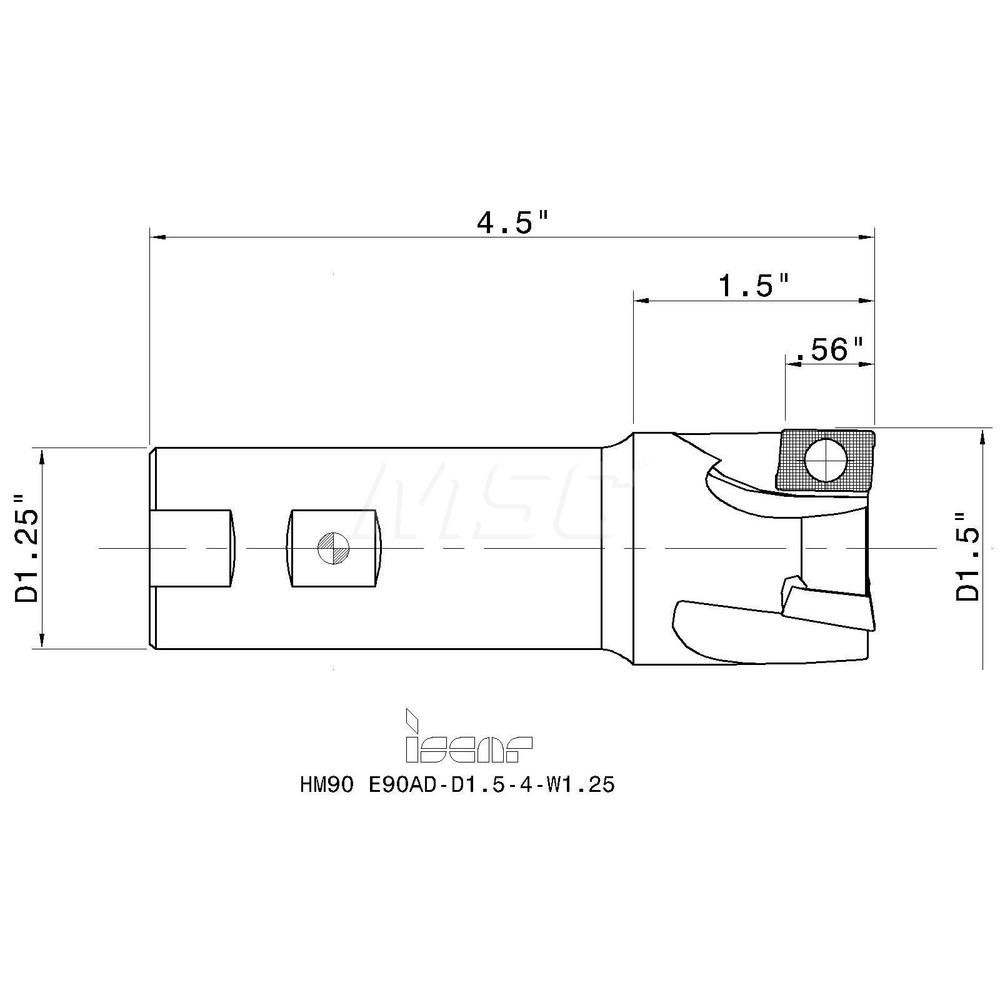 Iscar Indexable Square-Shoulder End Mill: HM90E90AD-D1.5-4-W1.25, 1-1/2" Cut Dia, 0.56" Max Depth of Cut, 1-1/4" Dia Weldon Flat Shank - 3101881