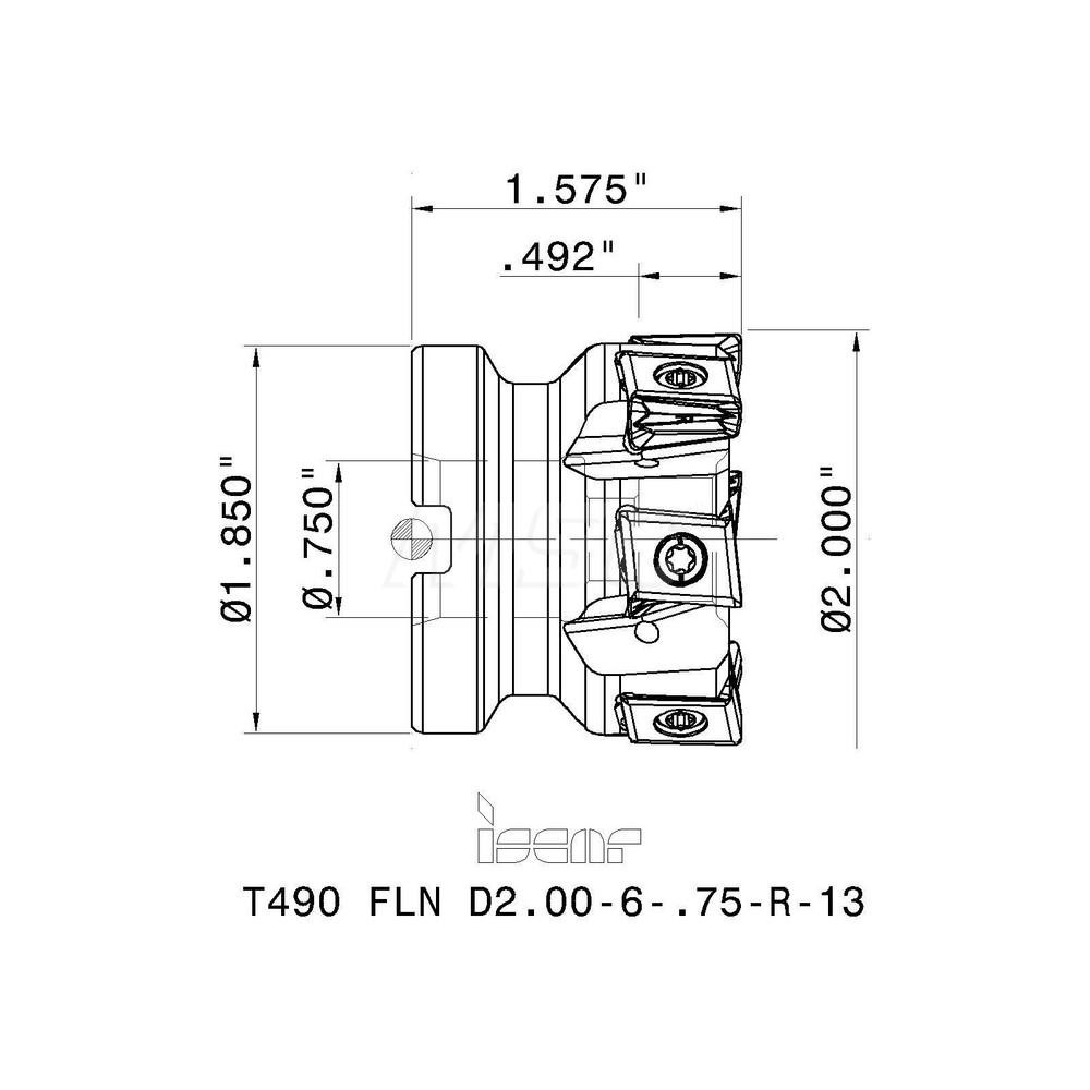 Iscar 2" Cut Dia, 3/4" Arbor Hole Dia, 0.492" Max Depth, Indexable Square-Shoulder Face Mill - 3105726