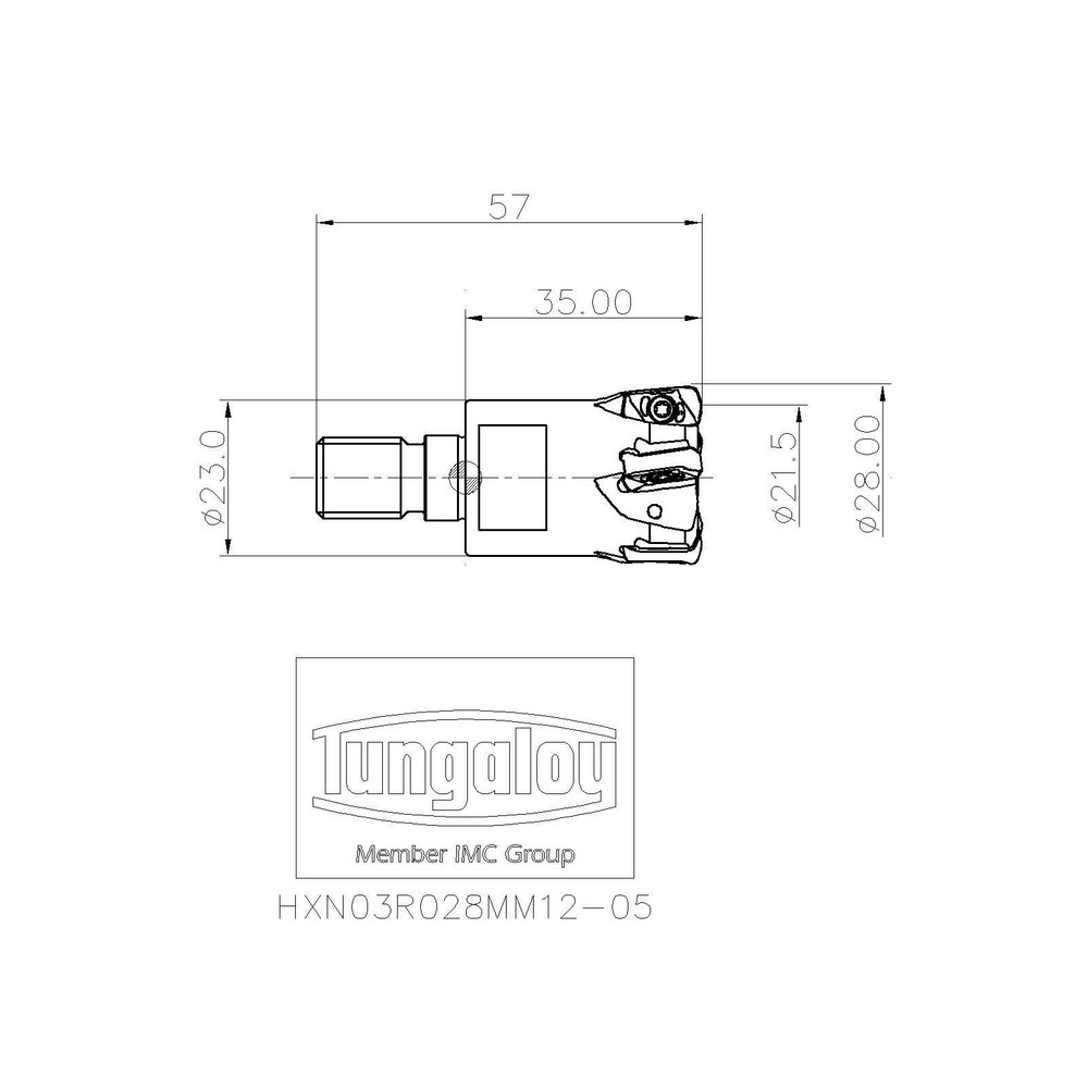 Tungaloy Indexable High-Feed End Mill: HXN03R028MM12-05, 28.00 mm Cut Dia, Modular Connection Shank - 6990878