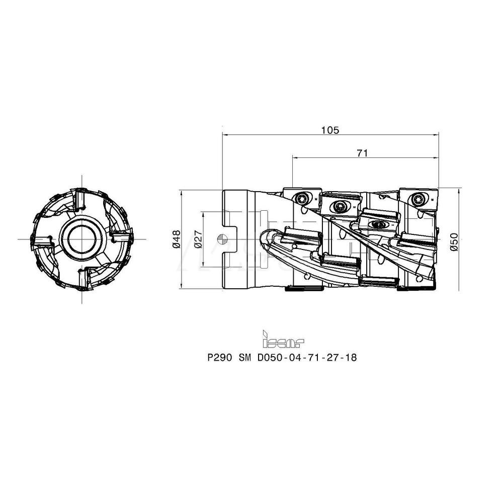 Iscar 50mm Cut Dia, 27mm Arbor Hole Dia, 71mm Max Depth, Indexable Square-Shoulder Face Mill - 3110784