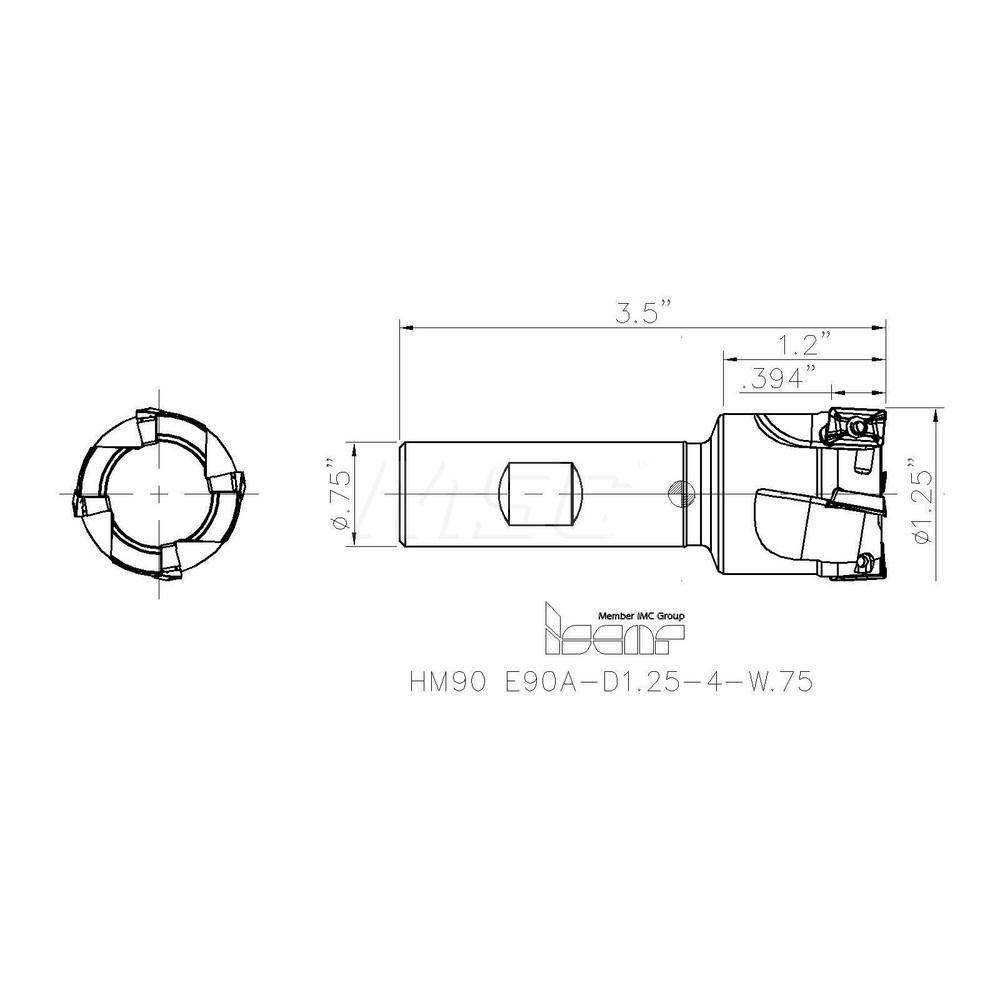 Iscar Indexable Square-Shoulder End Mill: HM90E90AD1.254W.75, 1-1/4" Cut Dia, 0.394" Max Depth of Cut, 3/4" Dia Weldon Flat Shank - 3101938