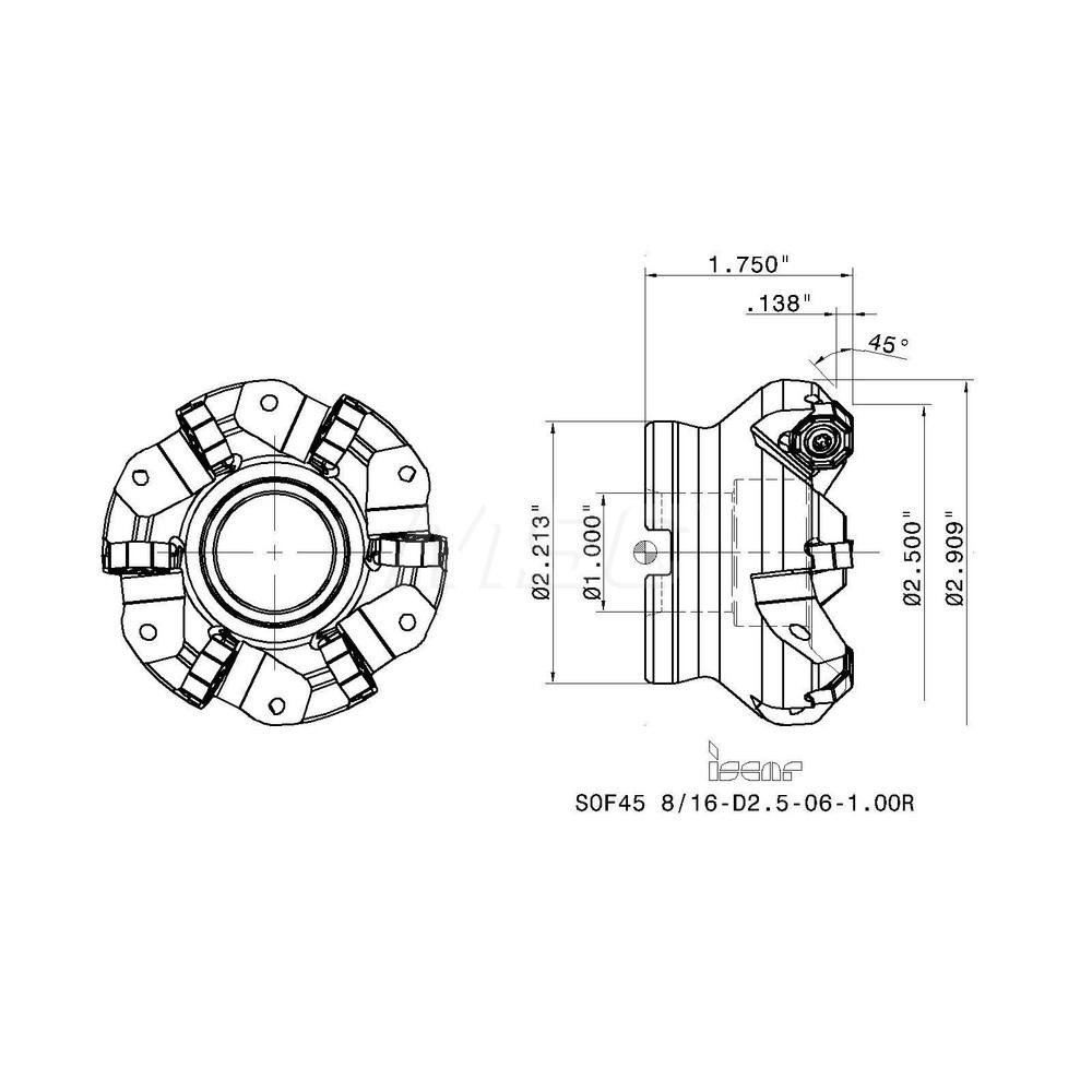 Iscar 2-1/2" Cut Dia, 1" Arbor Hole, 0.138" Max Depth of Cut, 45° Indexable Chamfer & Angle Face Mill - 3104590