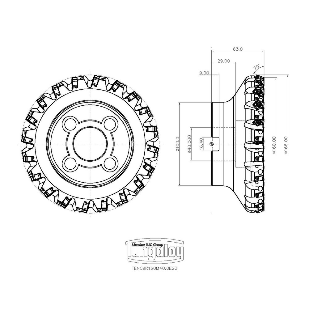 Tungaloy 160mm Cut Dia, 40mm Arbor Hole Dia, Indexable Square-Shoulder Face Mill - 6892202