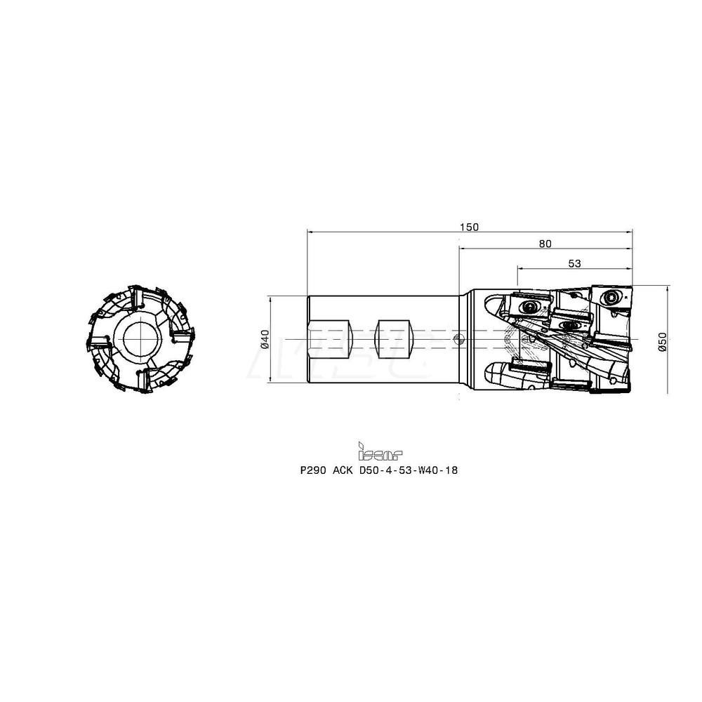 Iscar Indexable Square-Shoulder End Mill: P290ACKD50-4-53-W40-18, 50 mm Cut Dia, 53 mm Max Depth of Cut, 40 mm Dia Weldon Flat Shank - 3110777