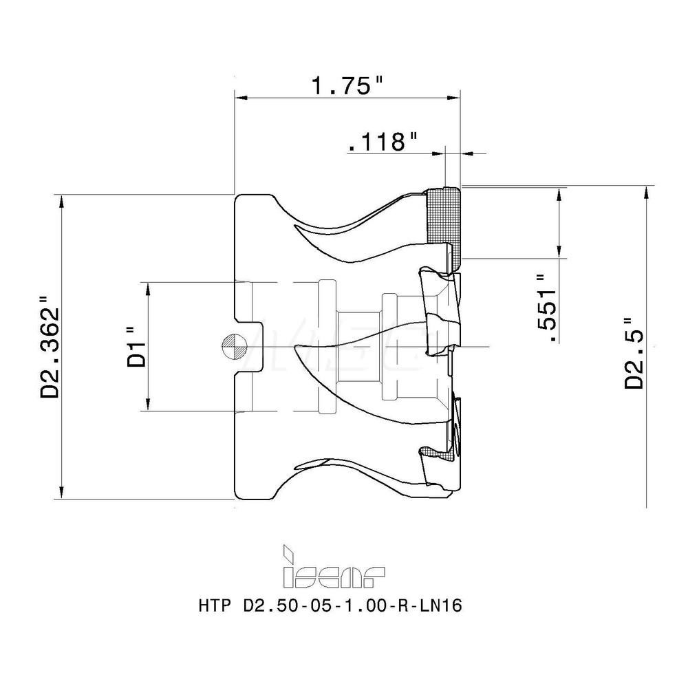 Iscar 2-1/2" Cut Dia, 1" Arbor Hole Dia, 0.118" Max Depth, Indexable Square-Shoulder Face Mill - 3104505