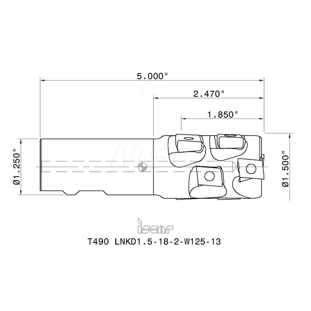 Iscar Indexable Square-Shoulder End Mill: T490LNKD1.5182W12513, 1-1/2" Cut Dia, 1.89" Max Depth of Cut, 1-1/4" Dia Cylindrical Shank - 3105075