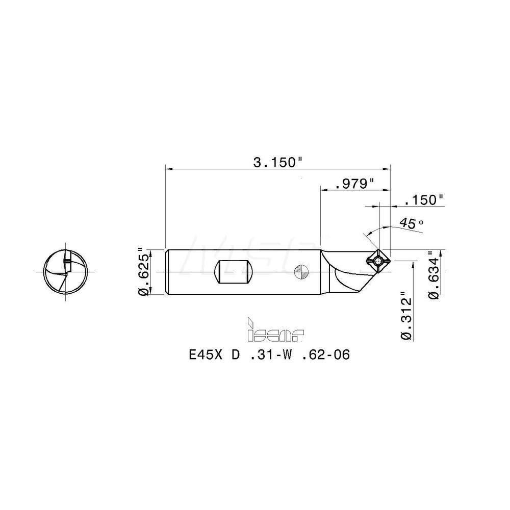 Iscar 45° Lead Angle, 0.312" to 0.63" Cut Dia, 5/8" Shank Dia, Indexable & Chamfer End Mill - 3100504