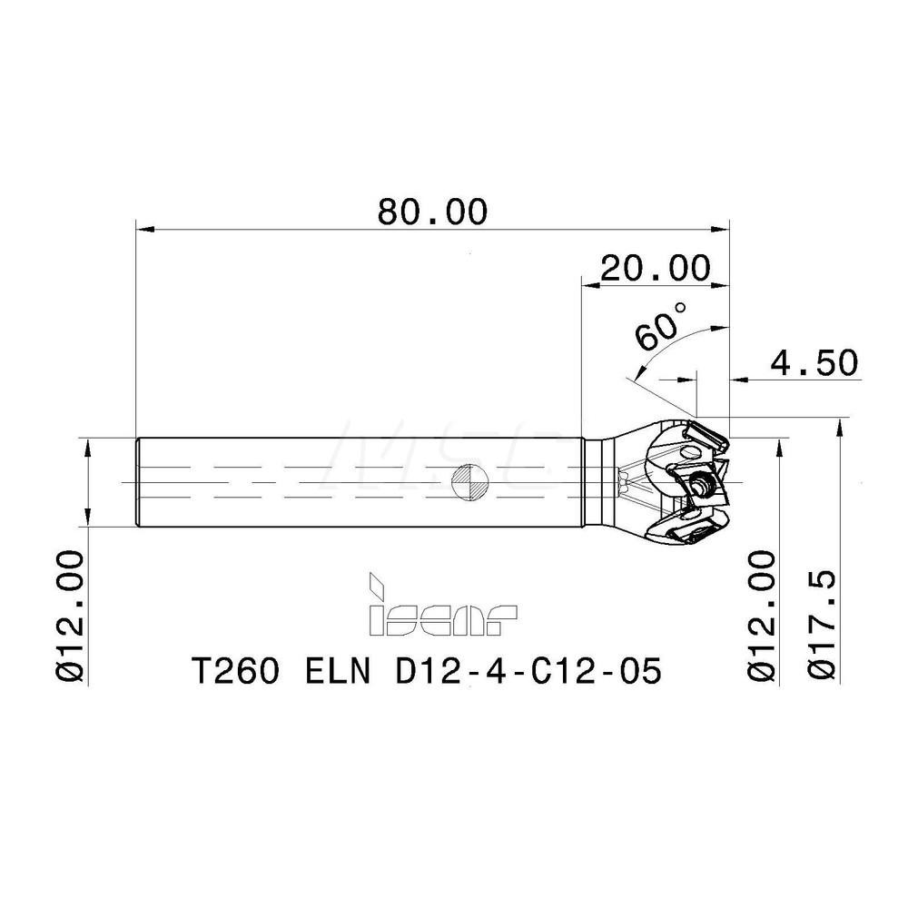 Iscar 60° Lead Angle, 12mm to 17.5mm Cut Dia, 12mm Shank Dia, Indexable & Chamfer End Mill - 3106171