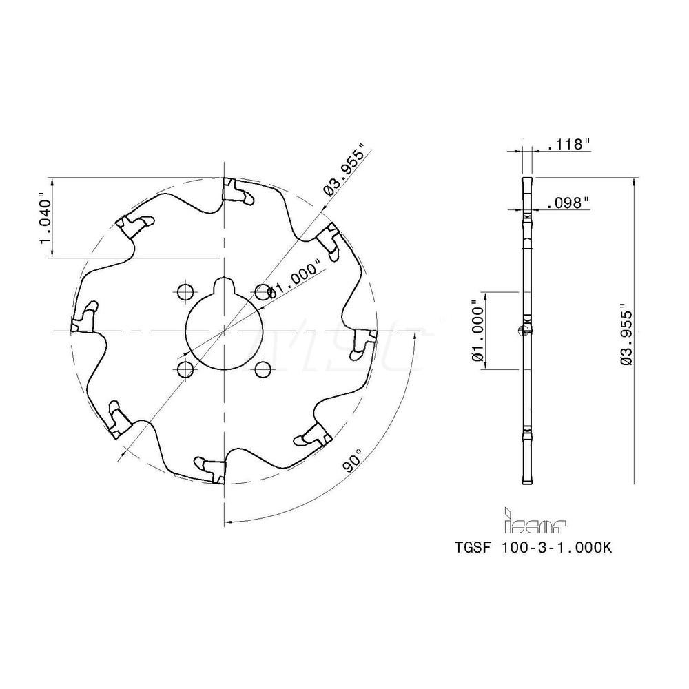 Iscar Indexable Slotting Cutter: 0.1180" Cutting Width, 3.9400" Cutter Dia, Arbor Connection, 1.0400" Depth of Cut, 1.0000" Hole Dia, 1.0000" Shank Dia, Right Hand - 2302201