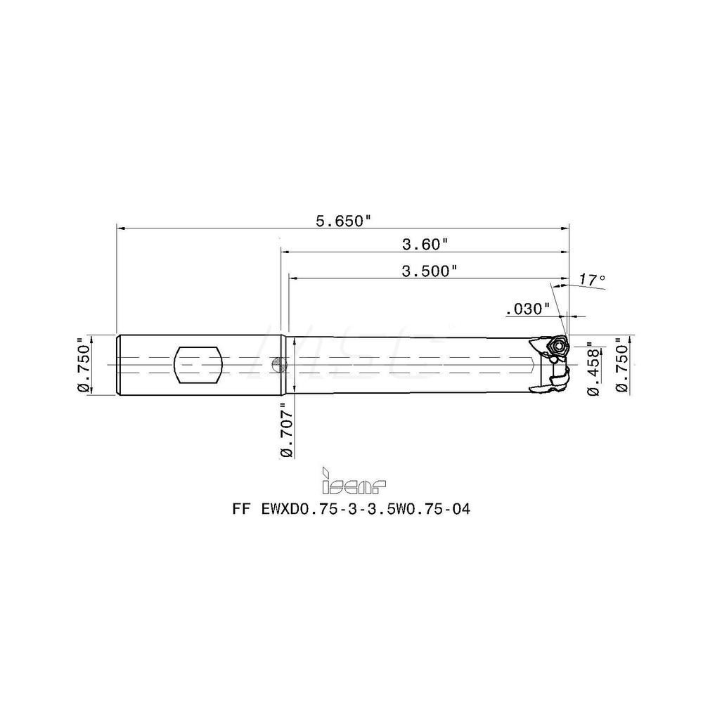 Iscar Indexable High-Feed End Mill: FF EWXD0.75-3-3, 3/4" Cut Dia, 3/4" Shank Dia, Weldon Flat Shank - 3105632