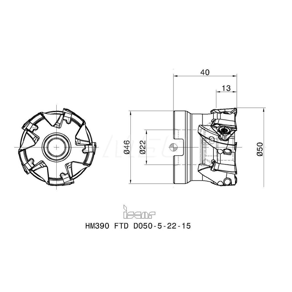 Iscar 50mm Cut Dia, 22mm Arbor Hole Dia, 13mm Max Depth, Indexable Square-Shoulder Face Mill - 3106799