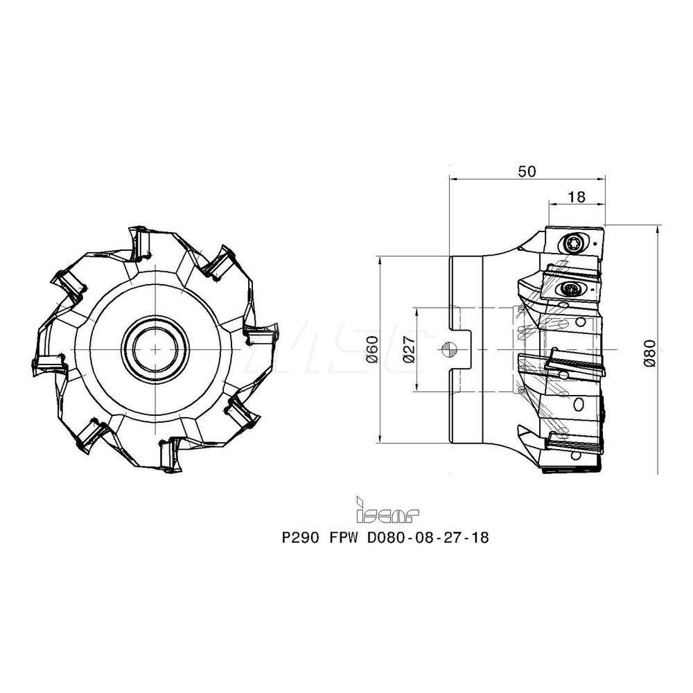 Iscar 80mm Cut Dia, 27mm Arbor Hole Dia, 18mm Max Depth, Indexable Square-Shoulder Face Mill - 3110769