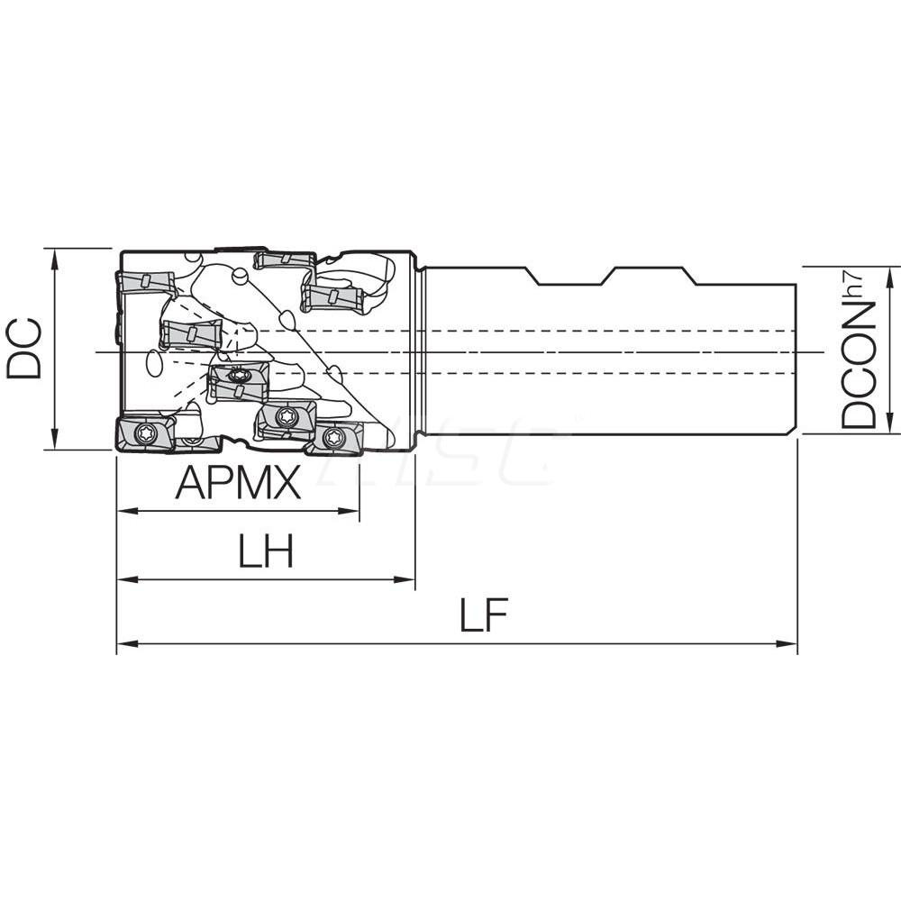 Kyocera Indexable Square-Shoulder End Mill: MEWH2000W1501543T, 2" Cut Dia, 2.086" Max Depth of Cut, 1-1/2" Dia Weldon Flat Shank - THN04096