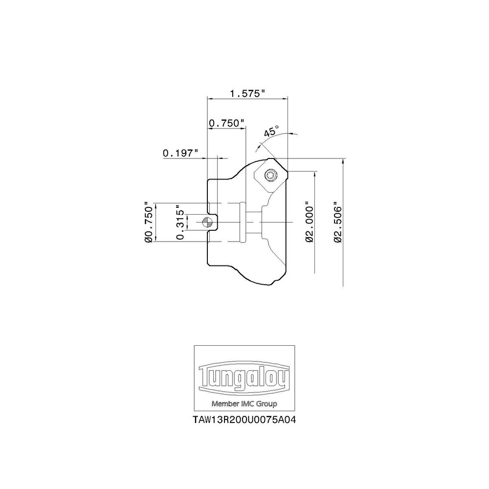 Tungaloy 2" Cut Dia, 3/4" Arbor Hole, 0.2" Max Depth of Cut, 45° Indexable Chamfer & Angle Face Mill - 6850808