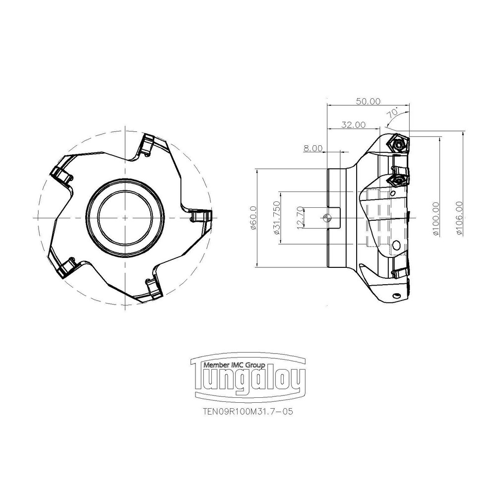 Tungaloy 100mm Cut Dia, 1-1/4" Arbor Hole Dia, Indexable Square-Shoulder Face Mill - 6860129