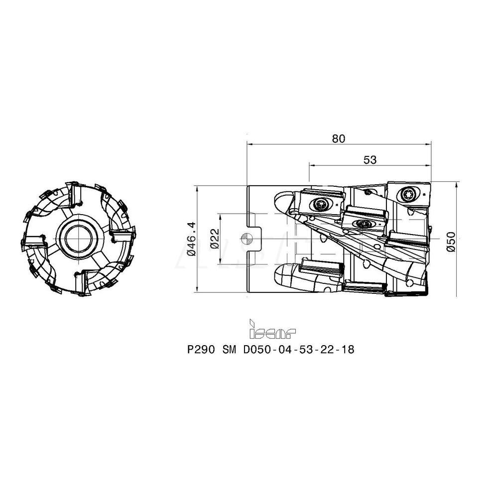 Iscar 50mm Cut Dia, 22mm Arbor Hole Dia, 53mm Max Depth, Indexable Square-Shoulder Face Mill - 3110781