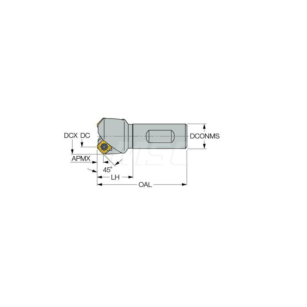 Iscar 45° Lead Angle, 1" to 1.47" Cut Dia, 3/4" Shank Dia, Indexable & Chamfer End Mill - 3100387