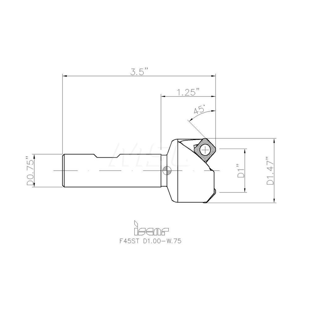 Iscar 45° Lead Angle, 1" to 1.47" Cut Dia, 3/4" Shank Dia, Indexable & Chamfer End Mill - 3100387