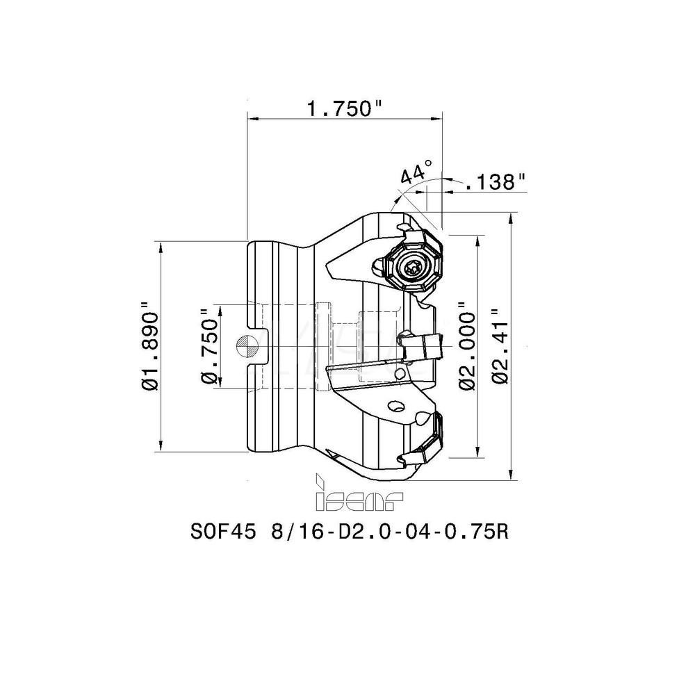Iscar 2" Cut Dia, 3/4" Arbor Hole, 0.138" Max Depth of Cut, 45° Indexable Chamfer & Angle Face Mill - 3104589
