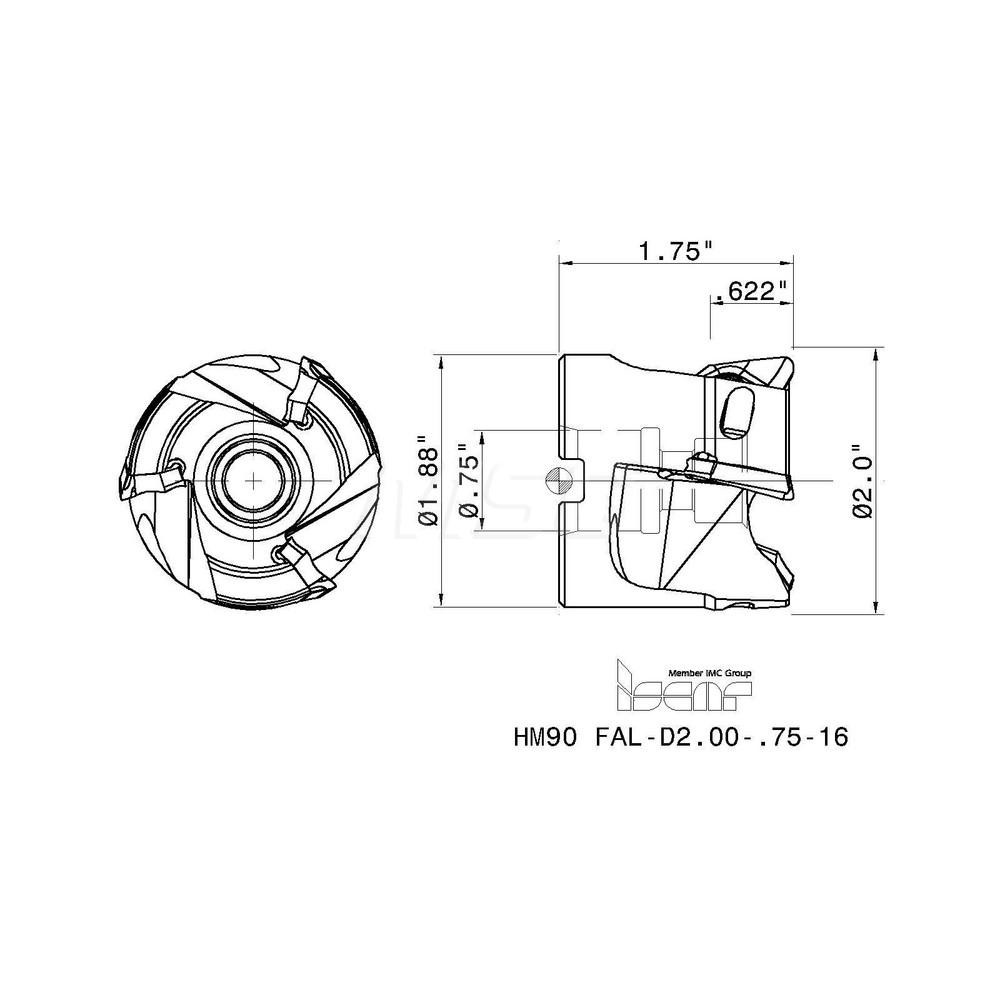 Iscar 2" Cut Dia, 3/4" Arbor Hole Dia, 0.622" Max Depth, Indexable Square-Shoulder Face Mill - 3102769