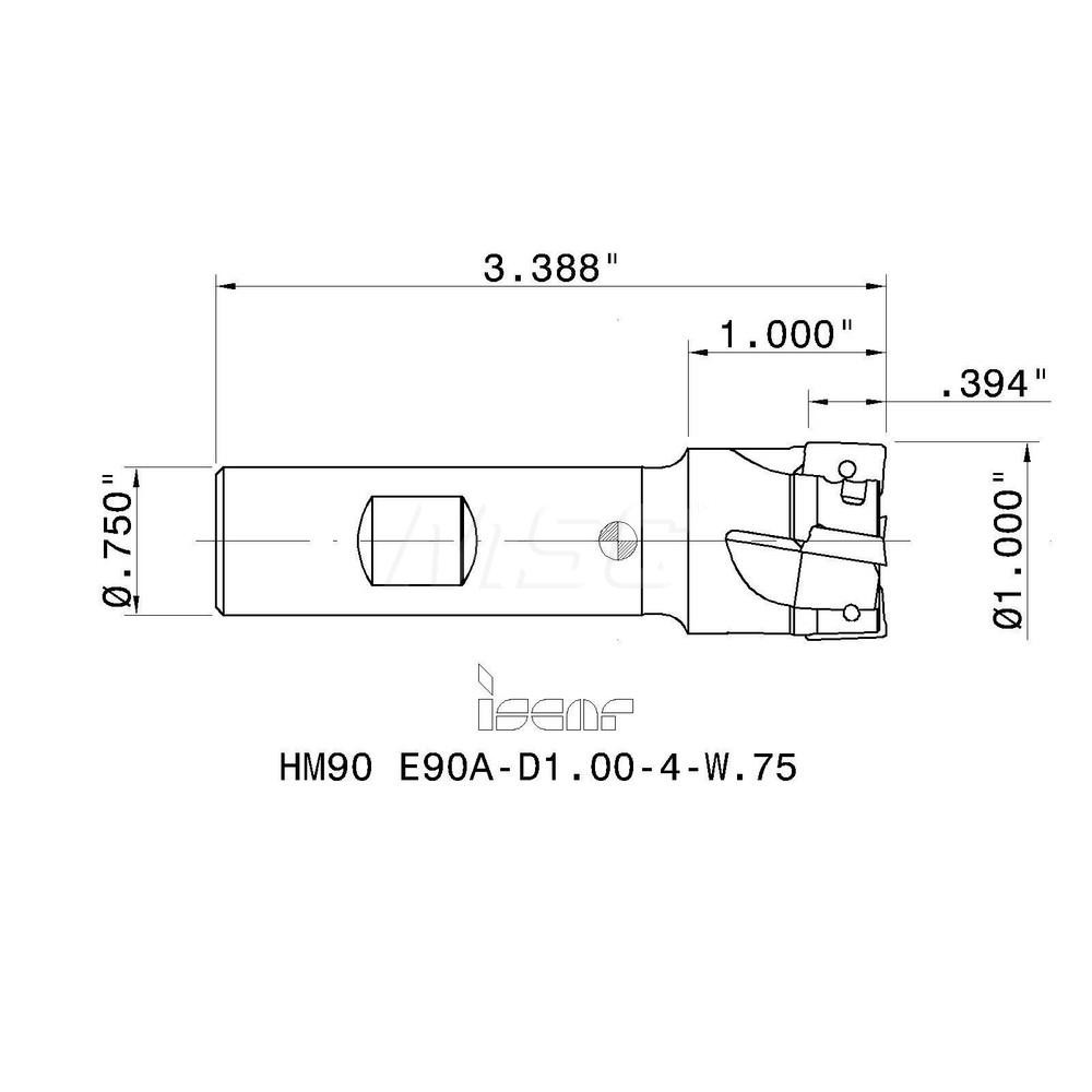 Iscar Indexable Square-Shoulder End Mill: HM90 E90A-D1.00-4-W.75, 1" Cut Dia, 0.394" Max Depth of Cut, 3/4" Dia Weldon Flat Shank - 3101933