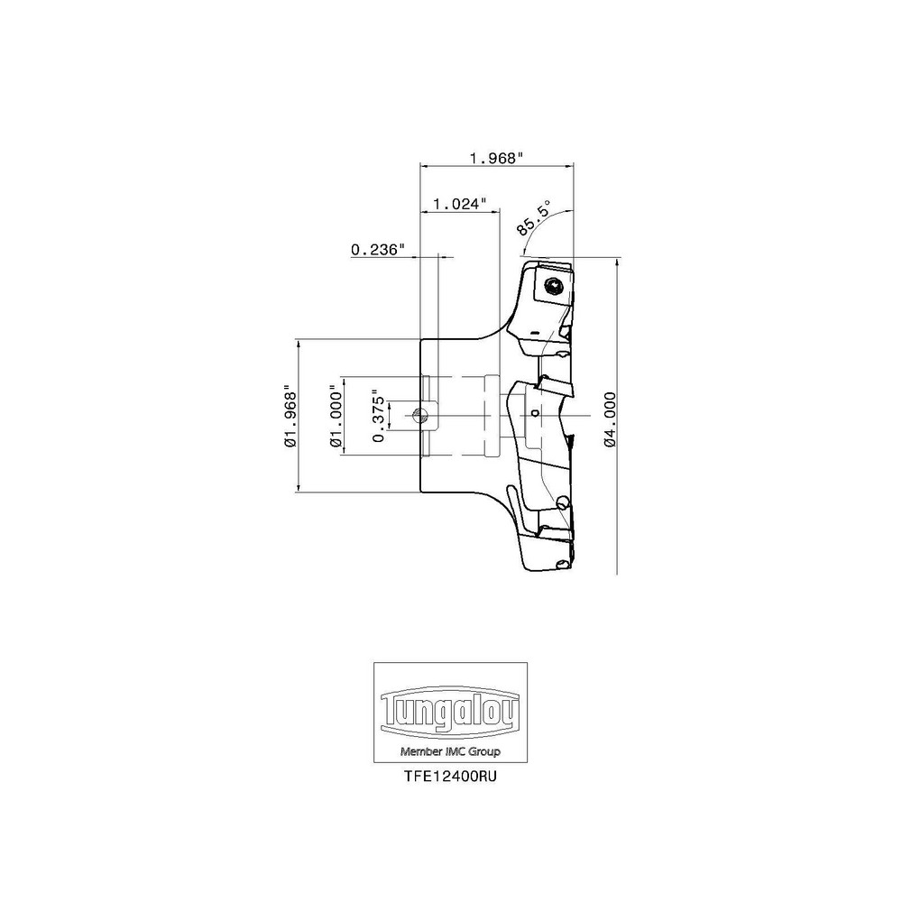 Tungaloy 4" Cut Dia, 1" Arbor Hole Dia, 0.315" Max Depth, Indexable Square-Shoulder Face Mill - 6850024