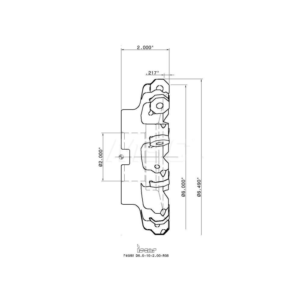 Iscar 6.49" Cut Dia, 2" Arbor Hole, 0.217" Max Depth of Cut, 45° Indexable Chamfer & Angle Face Mill - 3104198