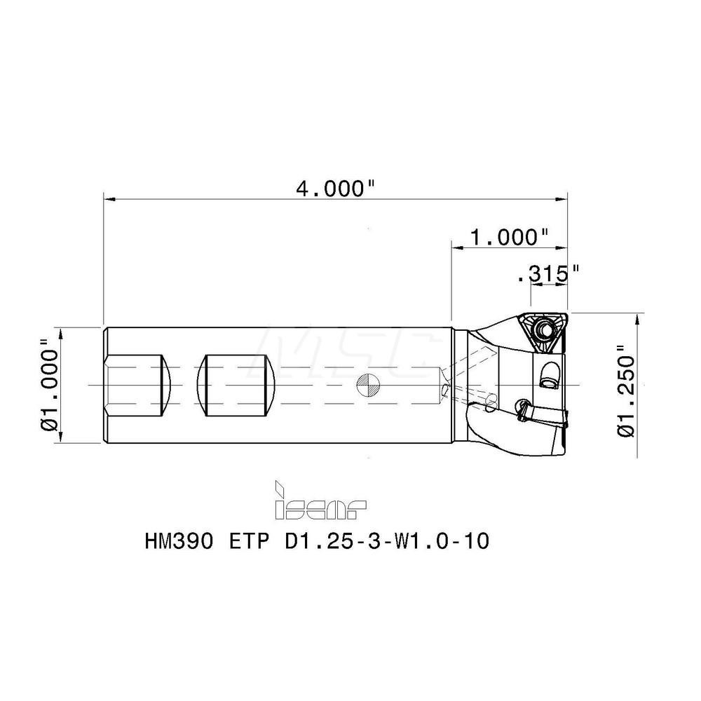Iscar Indexable Square-Shoulder End Mill: HM390ETPD1.253W1.010, 1-1/4" Cut Dia, 0.315" Max Depth of Cut, 1" Dia Weldon Flat Shank - 3106629
