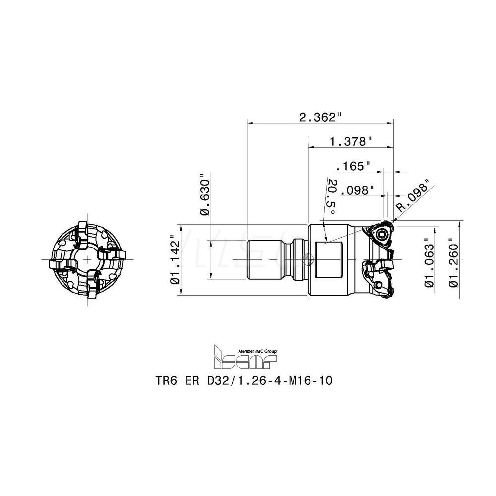Iscar Indexable Copy End Mill: 1.26" Cut Dia, 0.098" Max Depth of Cut, Through Coolant - 3344364